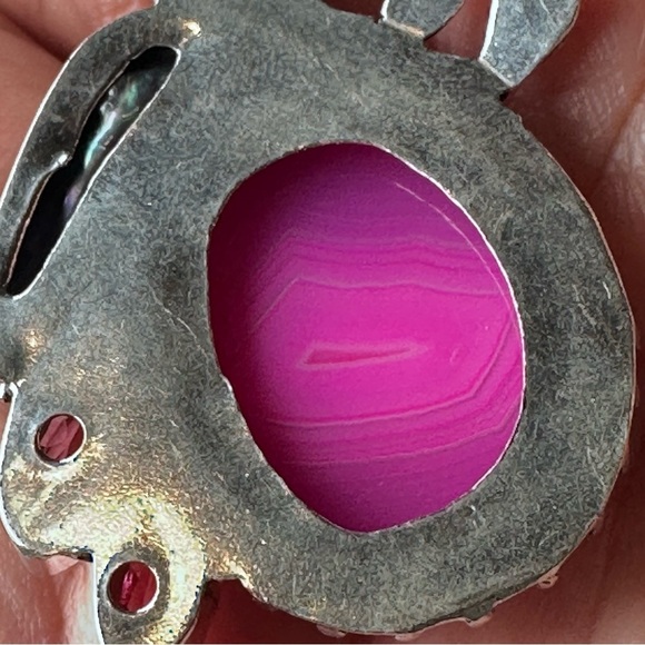 Artisan Pink Dyed Agate Pendant With Glass Accents Silver Tone Metal - Picture 6 of 8
